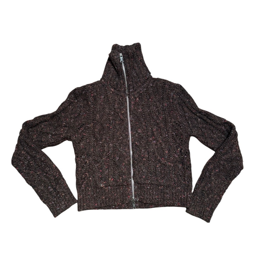 One Girl Who… Mohair Blend Chunky Knit Zip Sweater | Brown Multi | Size S
